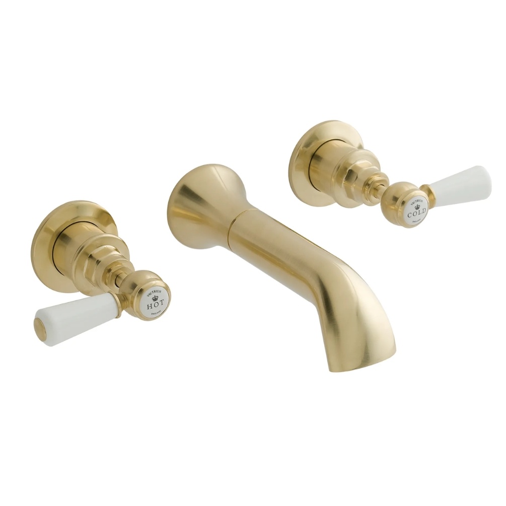 BC Designs Victrion Lever Brushed Gold 3 Hole Wall Mounted Bath Filler Cut Out
